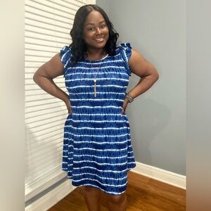 Blue Tie-Dye Stripe Ruffle Sleeve Women's Dress
